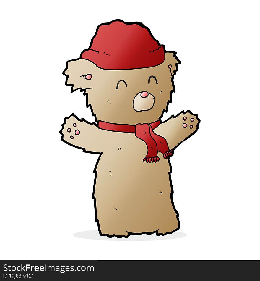 cartooon teddy bear in hat and scarf