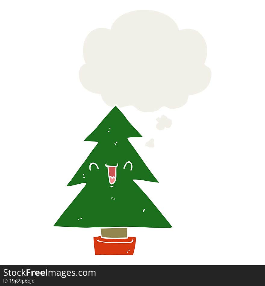 cartoon christmas tree and thought bubble in retro style