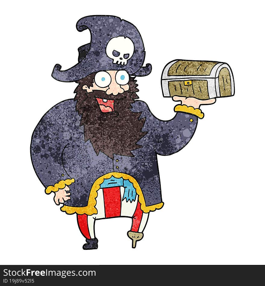 freehand textured cartoon pirate captain with treasure chest