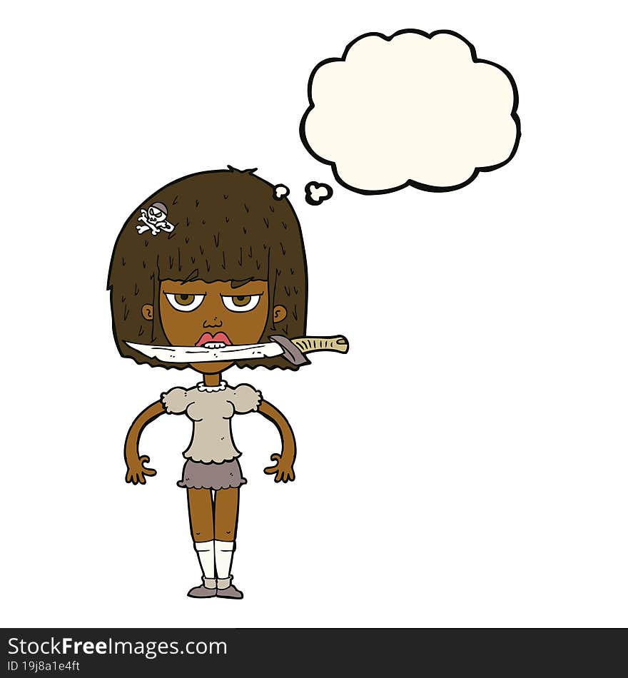 cartoon woman with knife between teeth with thought bubble