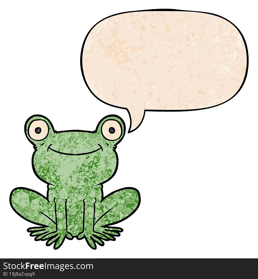 cartoon frog with speech bubble in retro texture style