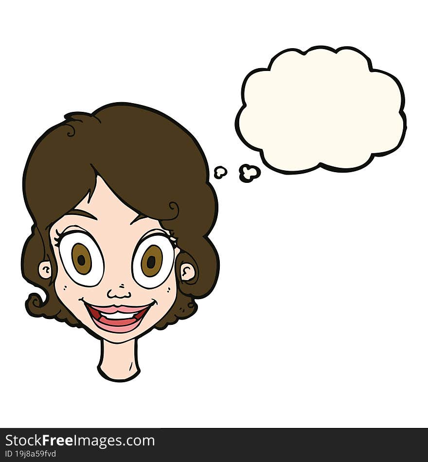 cartoon happy woman with thought bubble