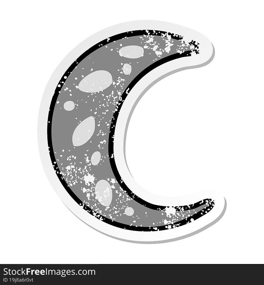 distressed sticker cartoon doodle of a crescent moon