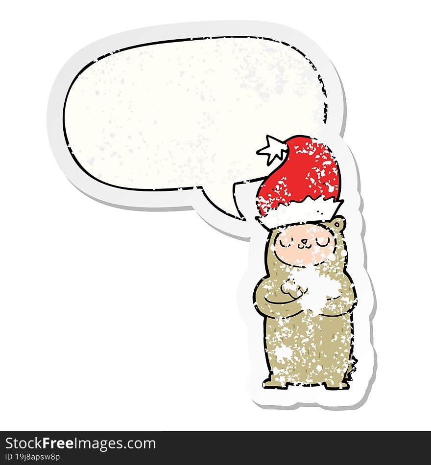 Cartoon Bear Wearing Christmas Hat And Speech Bubble Distressed Sticker