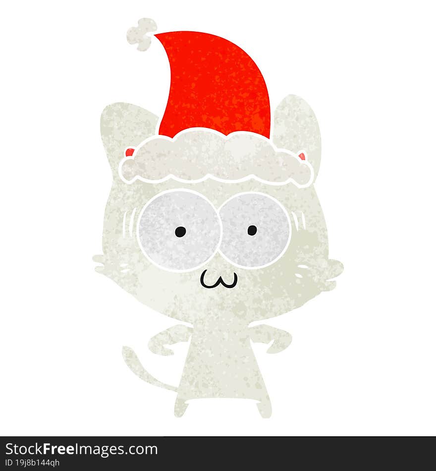 retro cartoon of a surprised cat wearing santa hat