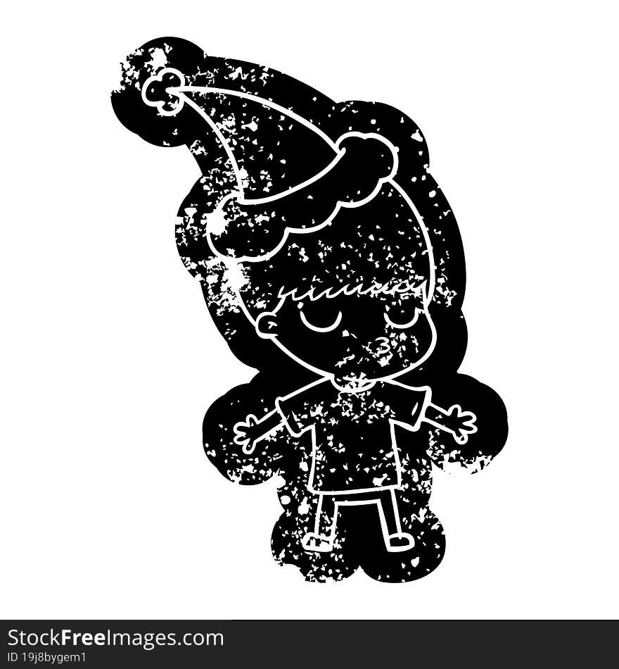 quirky cartoon distressed icon of a calm boy wearing santa hat