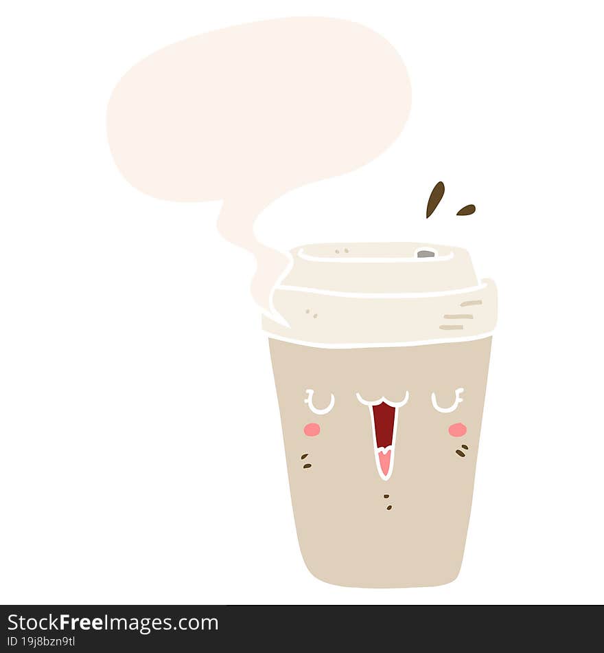 cartoon coffee cup and speech bubble in retro style