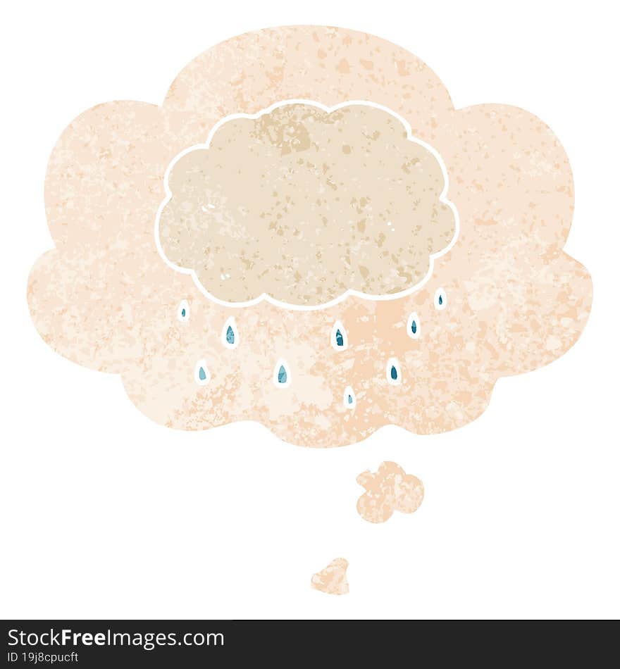 cartoon rain cloud and thought bubble in retro textured style