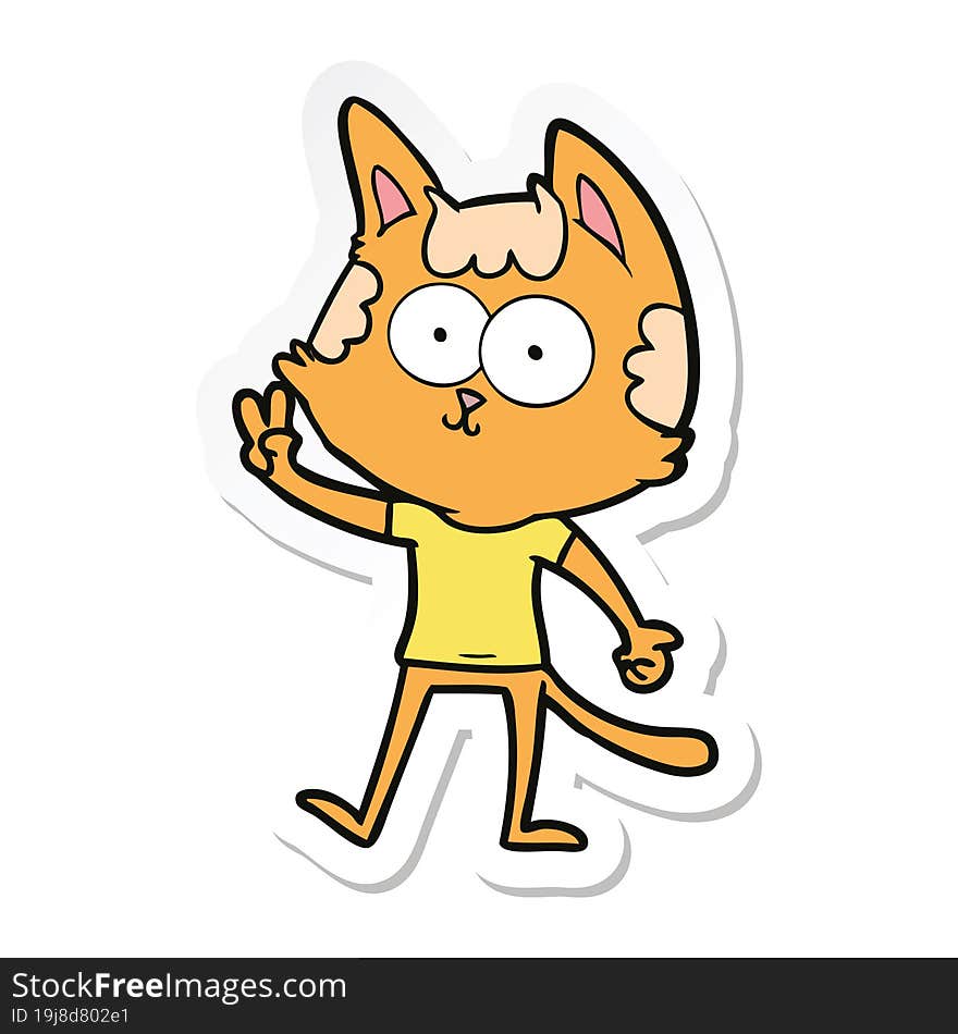 sticker of a happy cartoon cat giving peace sign