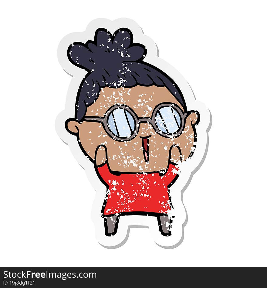 distressed sticker of a cartoon woman wearing spectacles