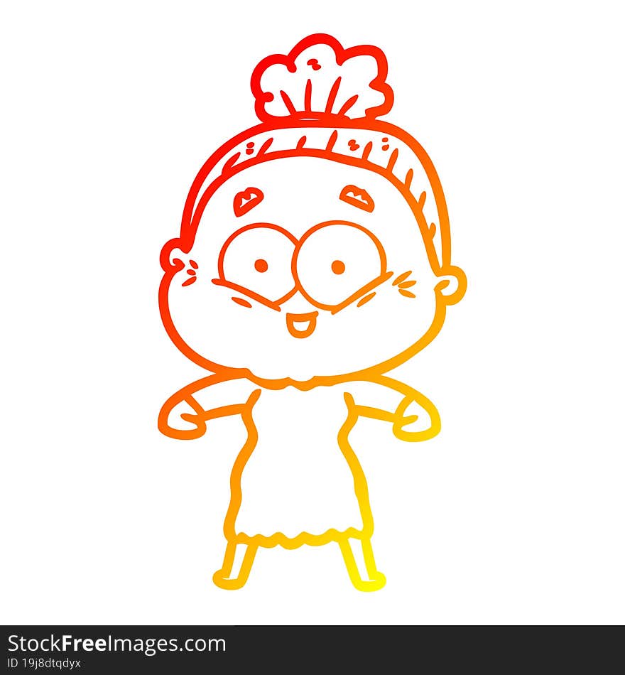 warm gradient line drawing of a cartoon happy old woman