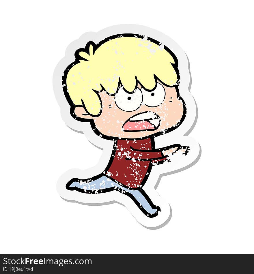 distressed sticker of a worried cartoon boy