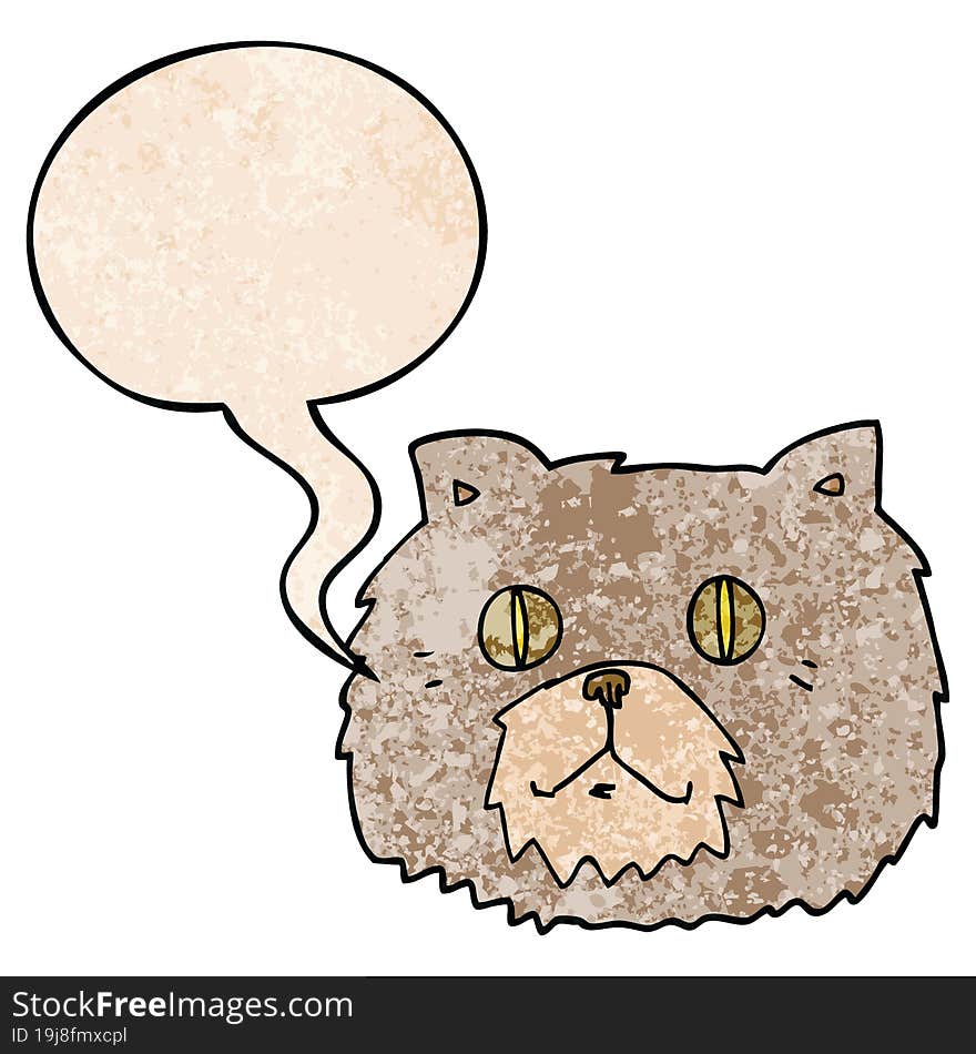 cartoon cat face with speech bubble in retro texture style