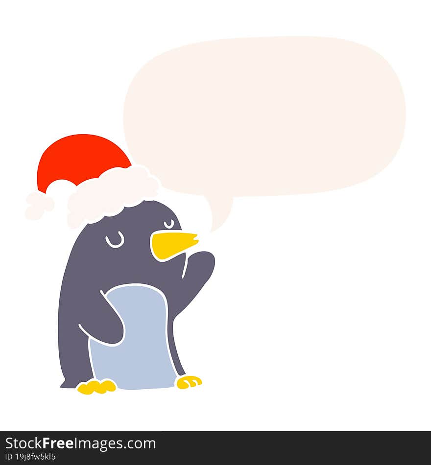 cute cartoon christmas penguin and speech bubble in retro style