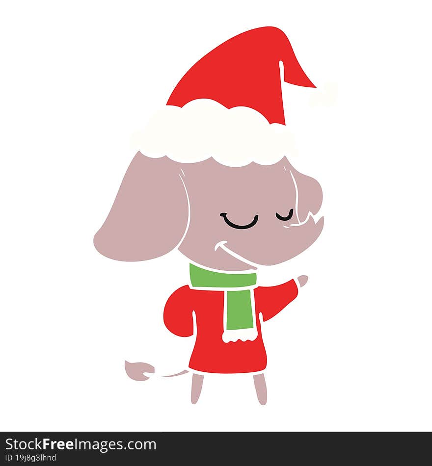 Flat Color Illustration Of A Smiling Elephant Wearing Scarf Wearing Santa Hat