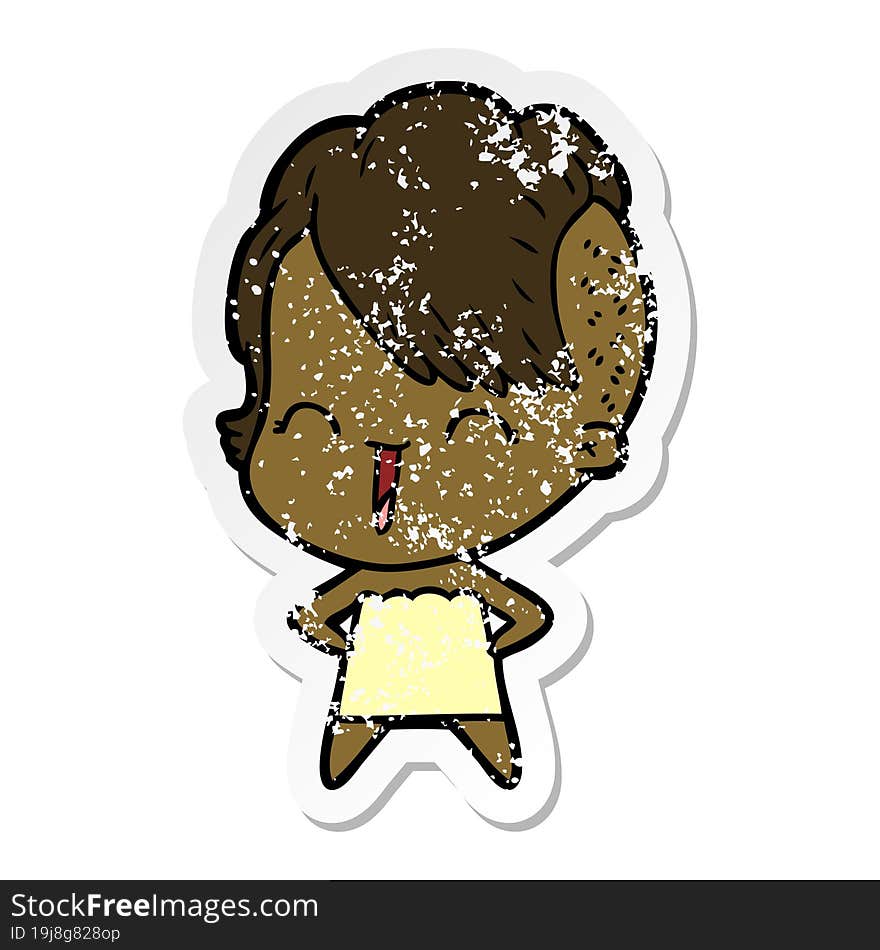 distressed sticker of a happy cartoon hipster girl