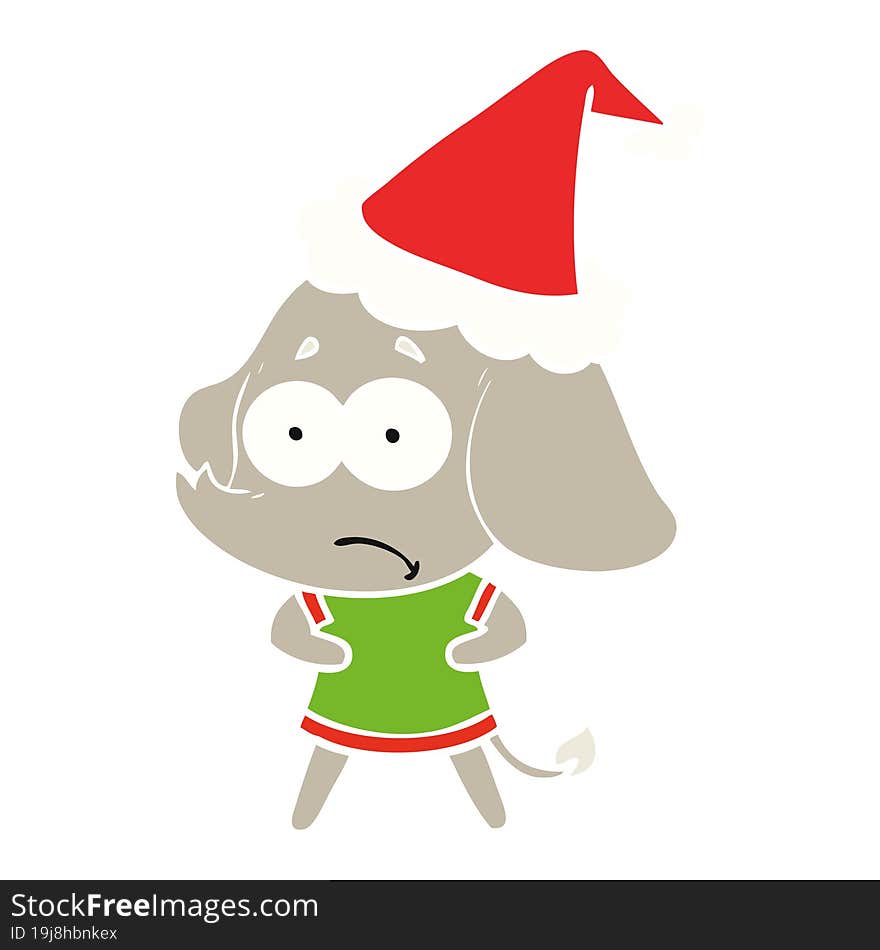 Flat Color Illustration Of A Unsure Elephant Wearing Santa Hat