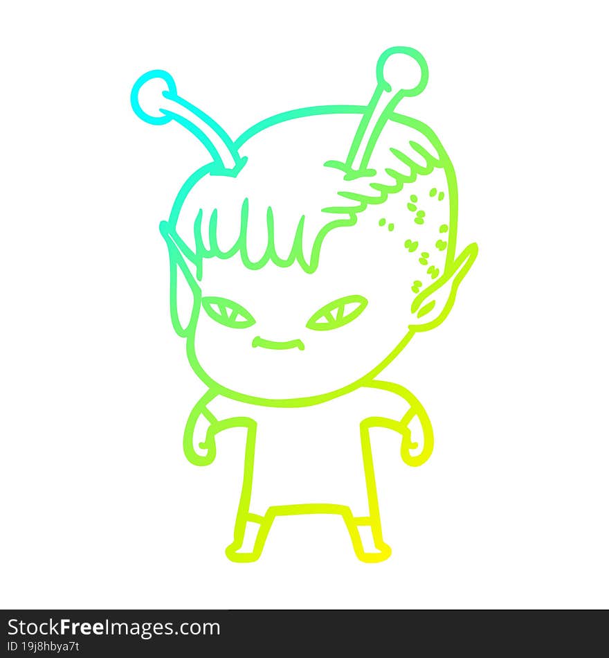 cold gradient line drawing of a cute cartoon alien girl