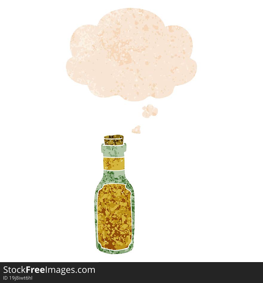 cartoon potion bottle and thought bubble in retro textured style