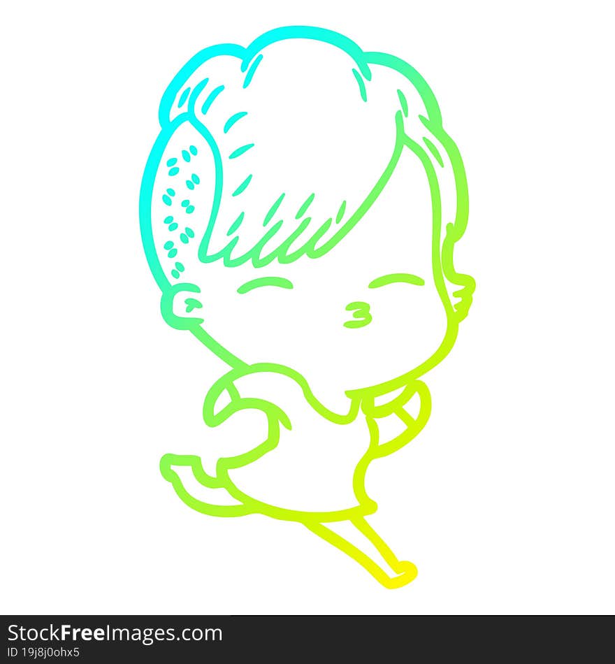 cold gradient line drawing cartoon squinting girl running