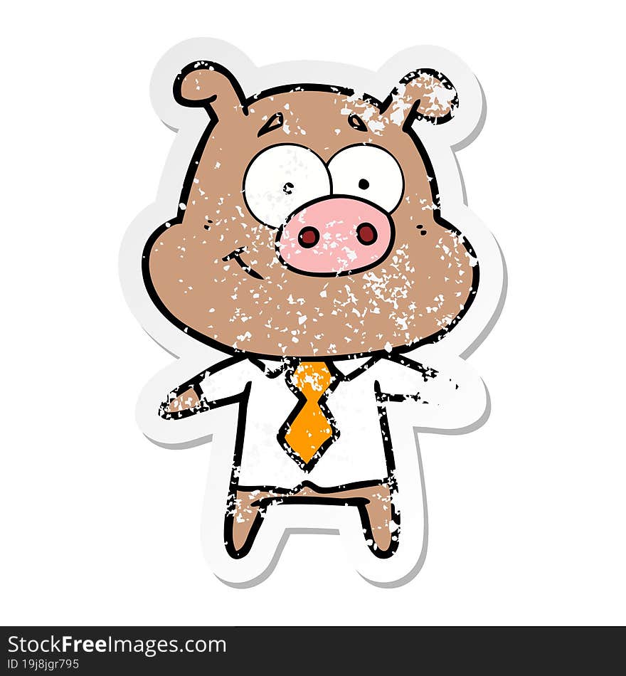 distressed sticker of a happy cartoon pig boss