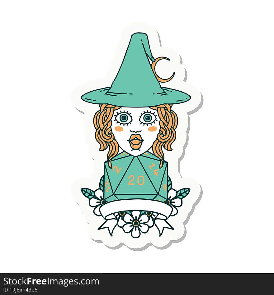 human witch with natural twenty dice roll sticker