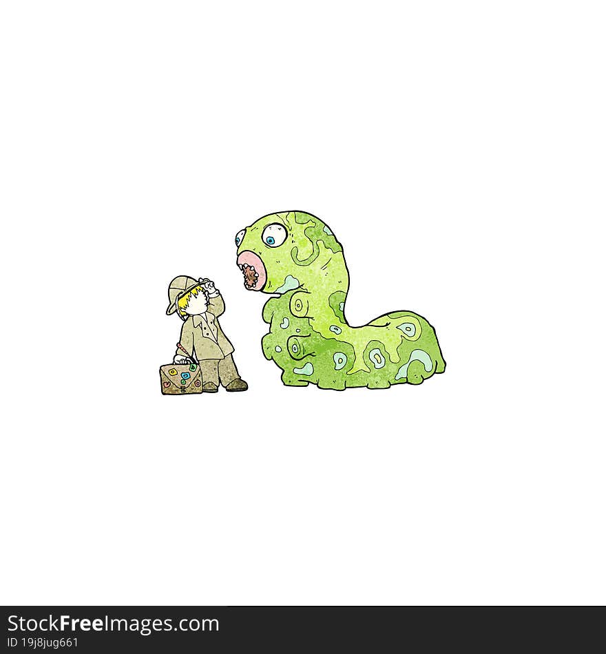 cartoon explorer and giant caterpillar