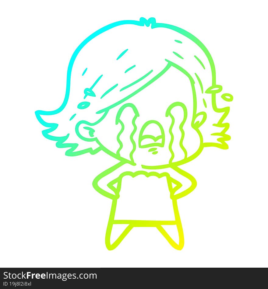 cold gradient line drawing of a cartoon woman crying