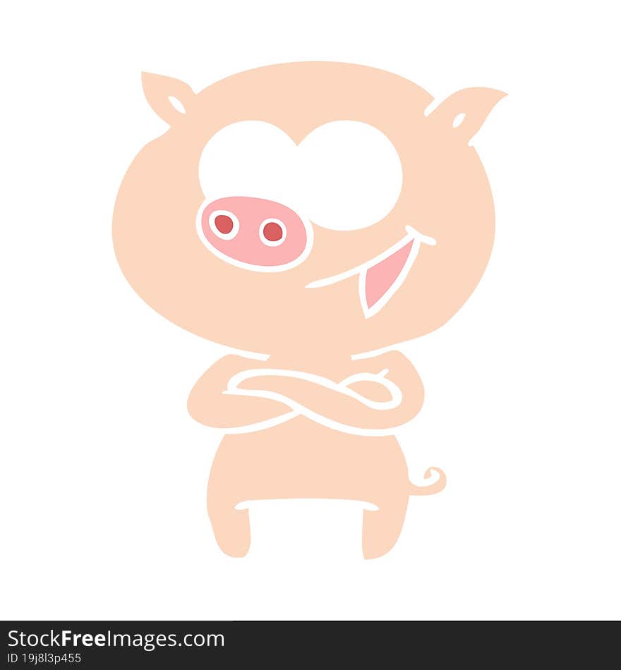 cheerful pig flat color style cartoon