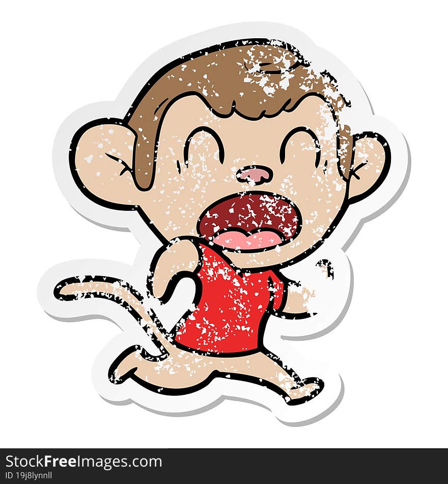 distressed sticker of a shouting cartoon monkey running