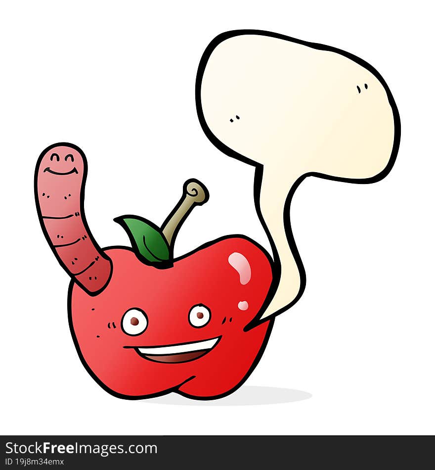 cartoon apple with worm with speech bubble