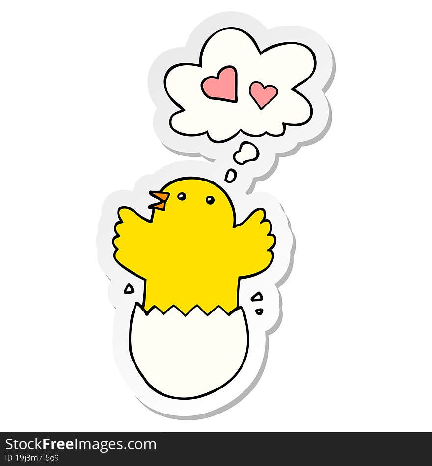 cute hatching chick cartoon and thought bubble as a printed sticker