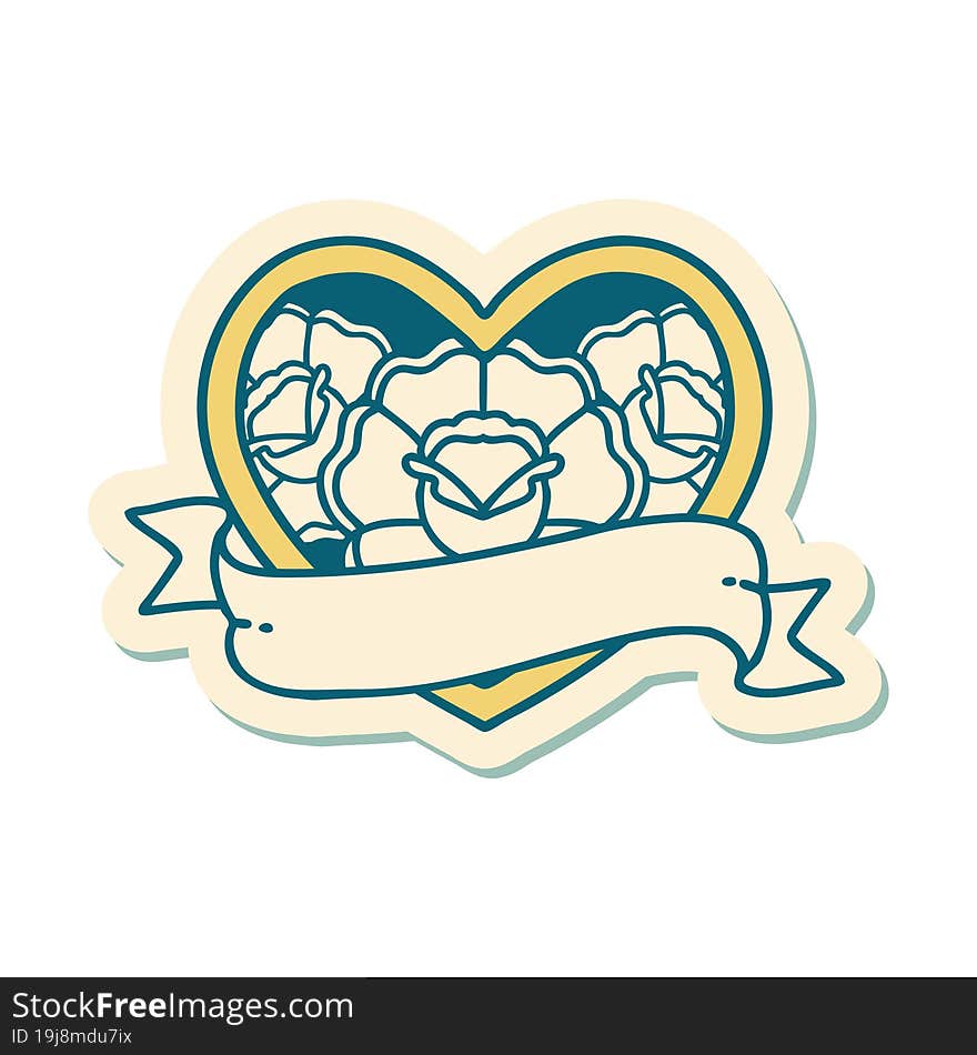 Tattoo Style Sticker Of A Heart And Banner With Flowers