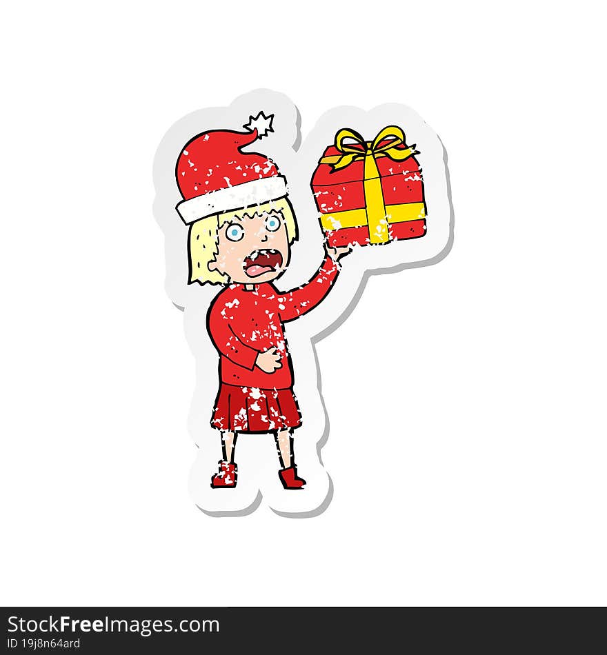 retro distressed sticker of a cartoon woman getting ready for christmas