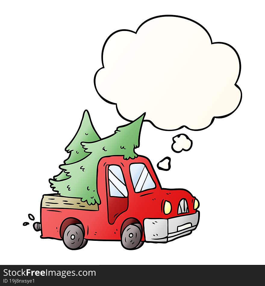 cartoon pickup truck carrying trees and thought bubble in smooth gradient style