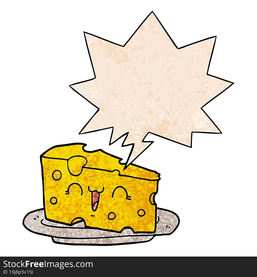 cute cartoon cheese and speech bubble in retro texture style