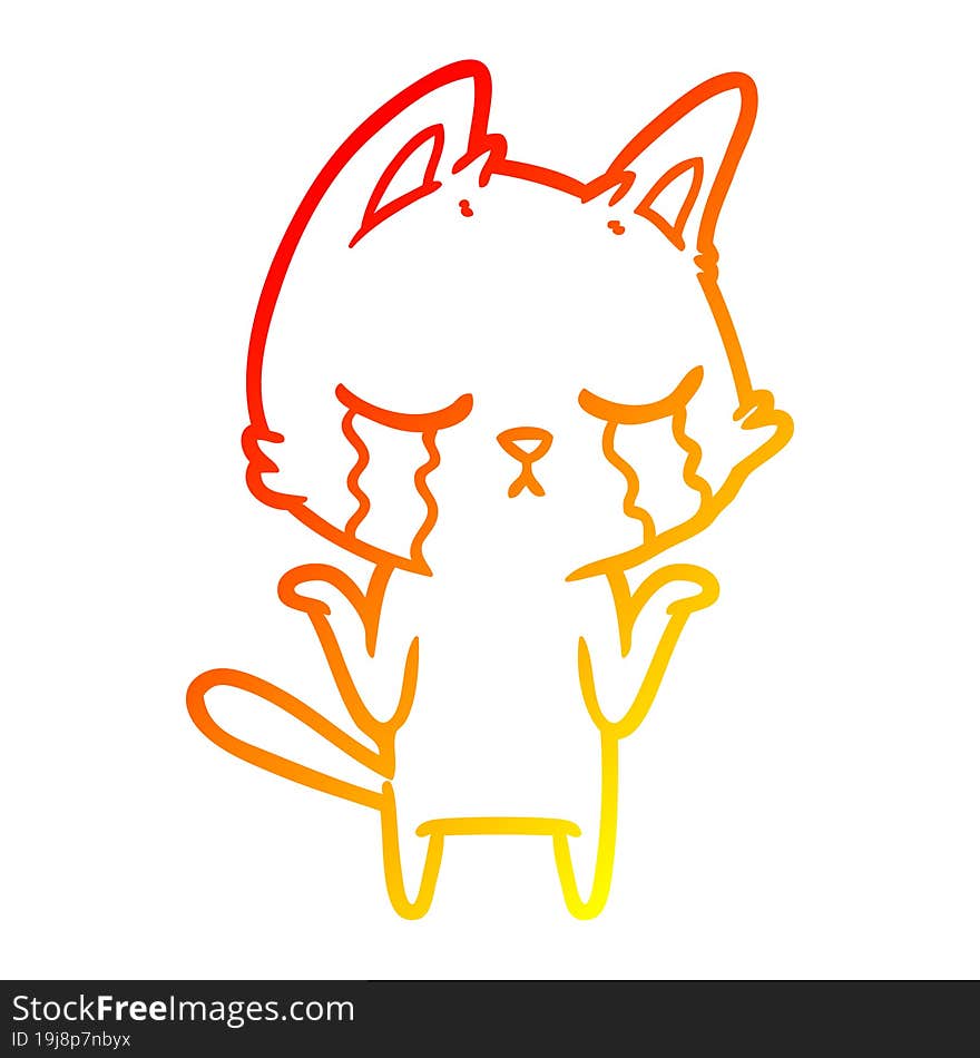 warm gradient line drawing of a crying cartoon cat shrugging