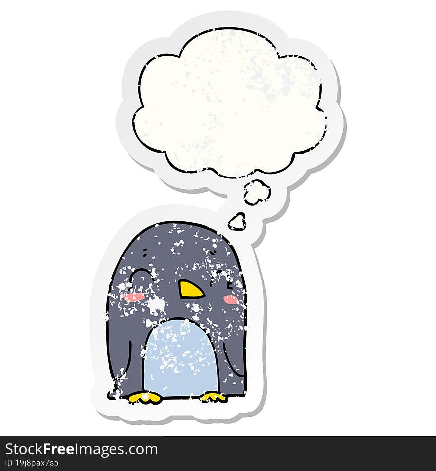 cartoon penguin and thought bubble as a distressed worn sticker