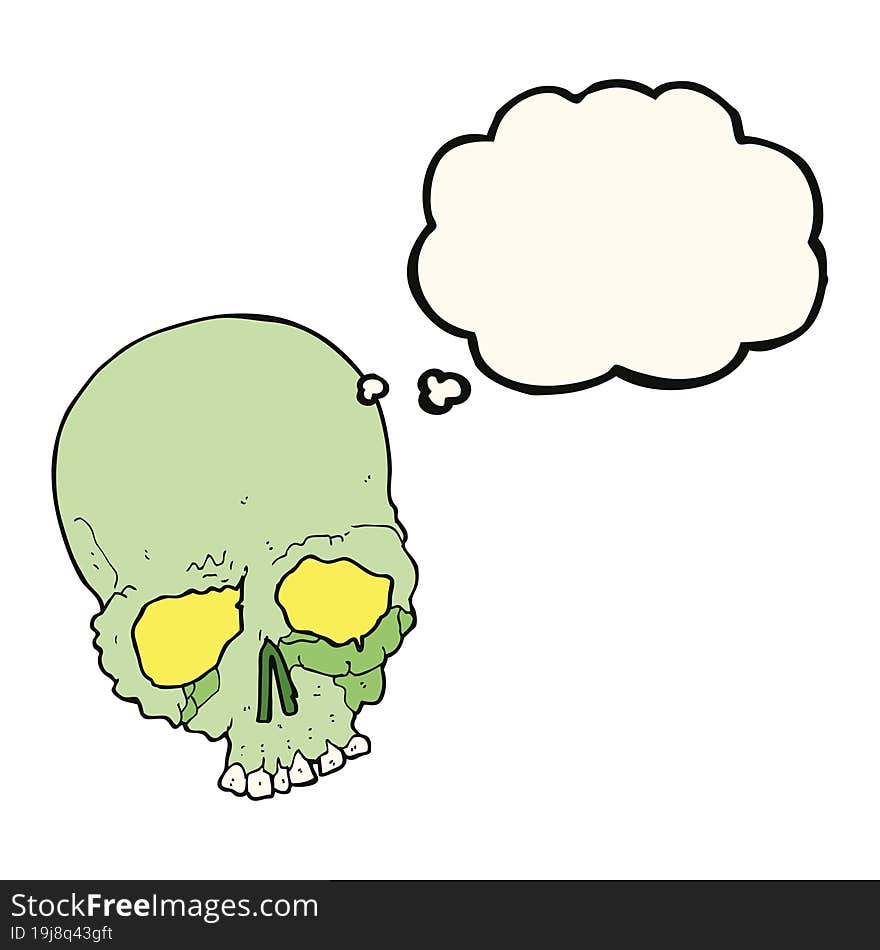 cartoon spooky old skull with thought bubble