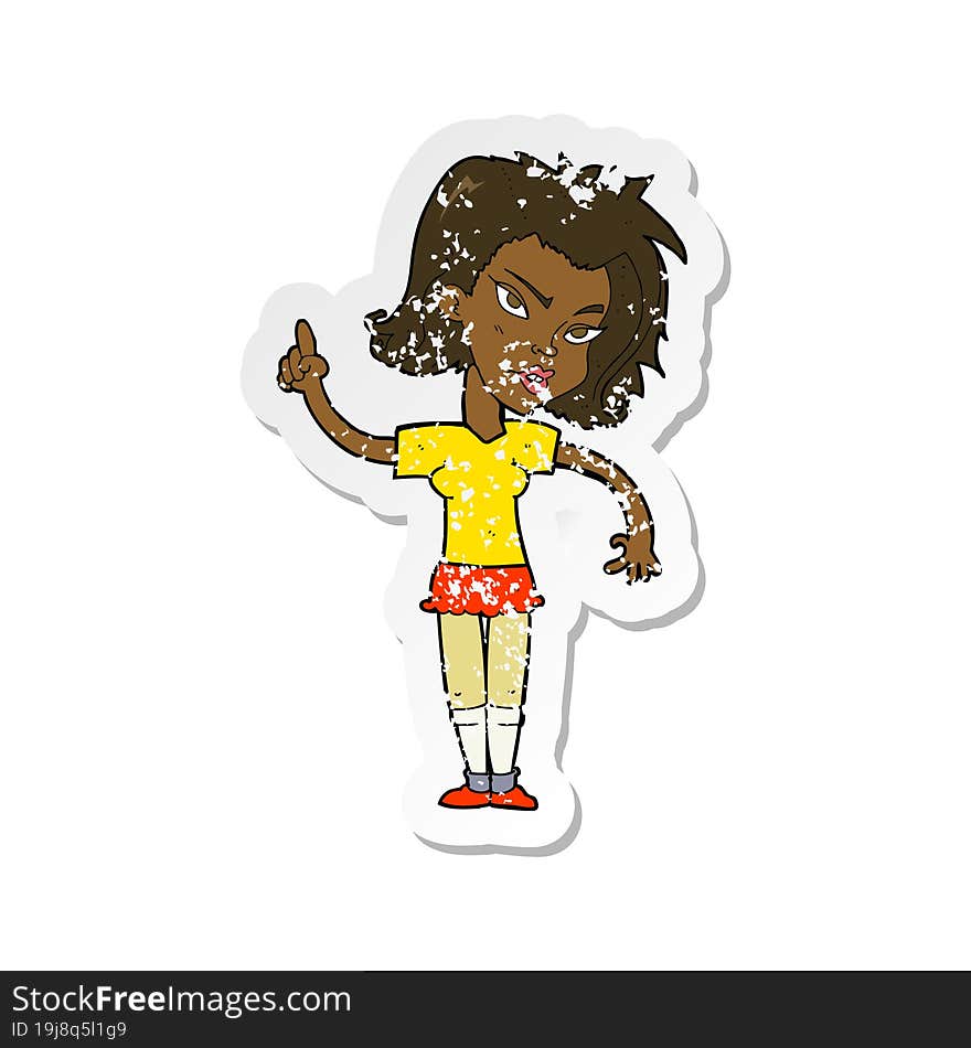 Retro Distressed Sticker Of A Cartoon Woman With Idea