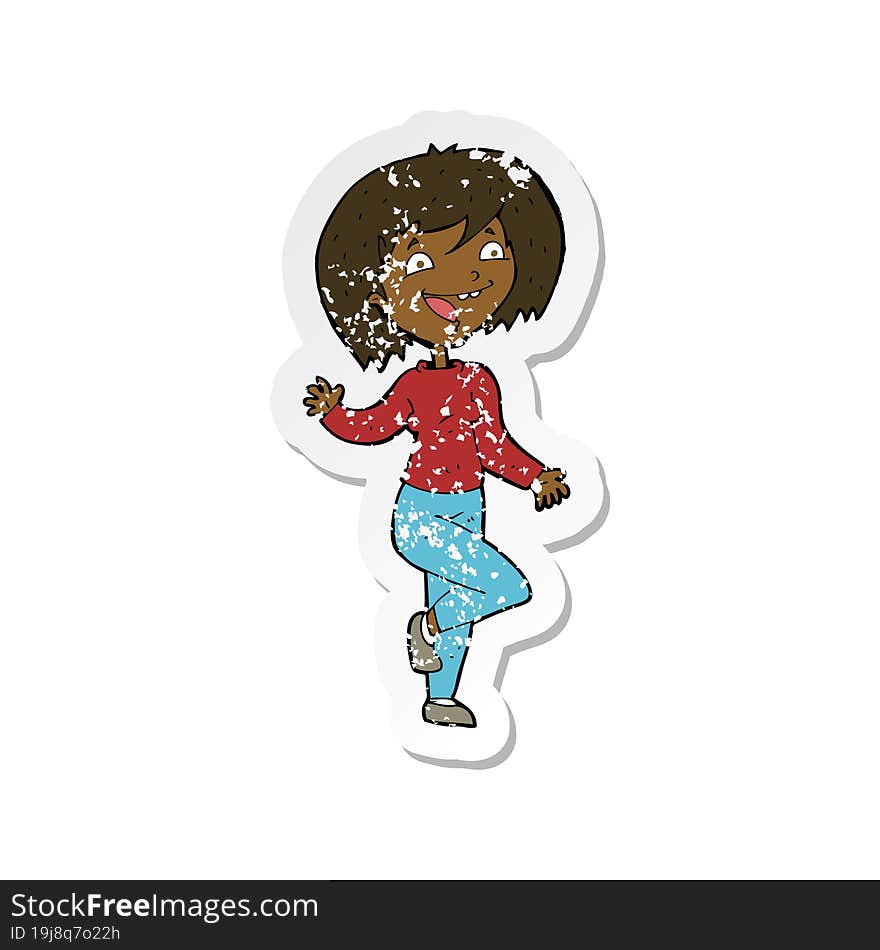 retro distressed sticker of a cartoon laughing woman