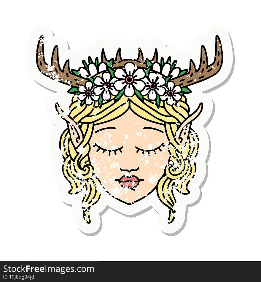 grunge sticker of a elf druid character face. grunge sticker of a elf druid character face