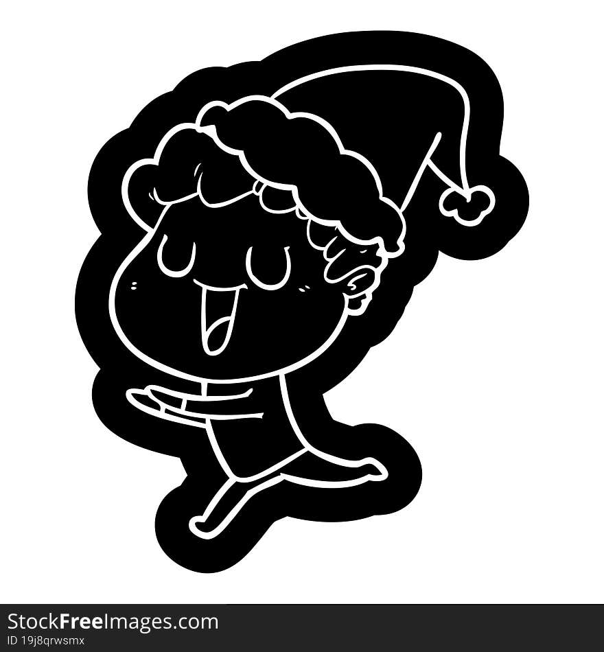 Laughing Cartoon Icon Of A Man Running Wearing Santa Hat