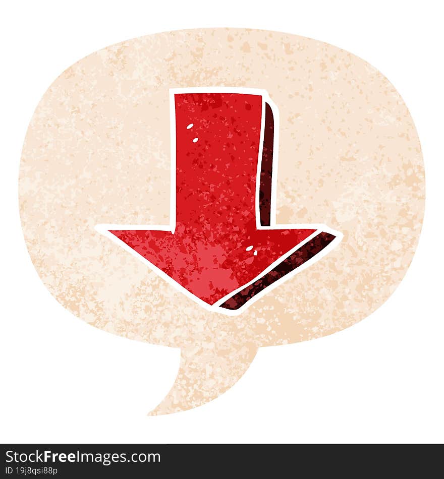 cartoon pointing arrow and speech bubble in retro textured style