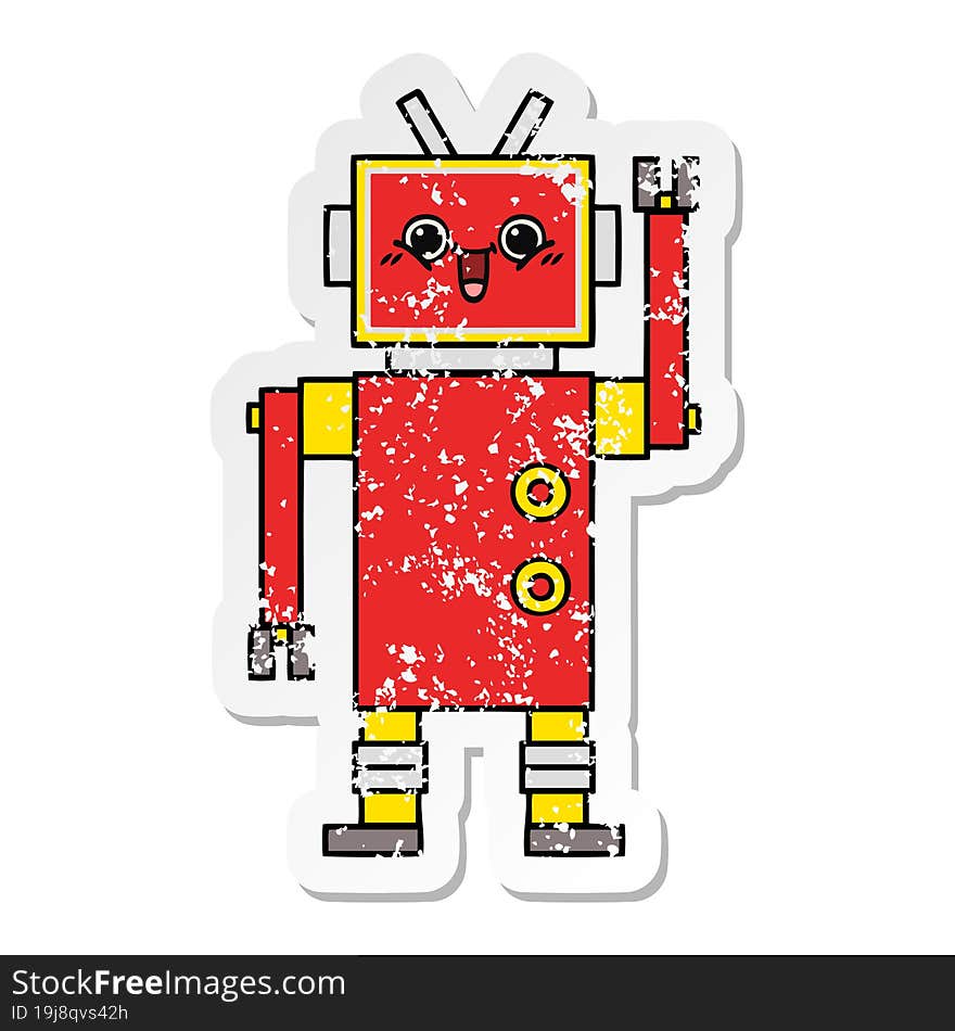 Distressed Sticker Of A Cute Cartoon Happy Robot