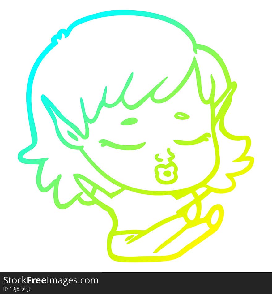 cold gradient line drawing pretty cartoon elf girl sitting