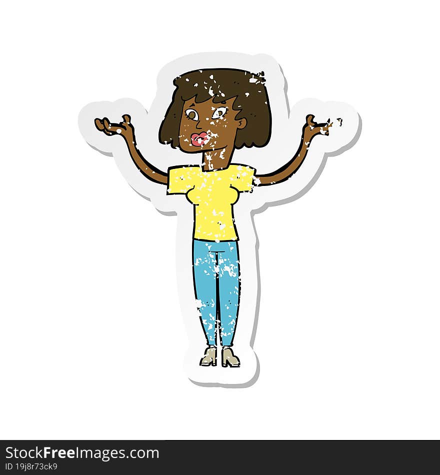 Retro Distressed Sticker Of A Cartoon Woman Holding Up Hands