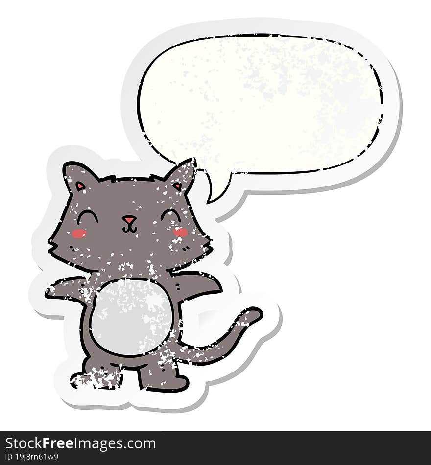 cartoon cat with speech bubble distressed distressed old sticker. cartoon cat with speech bubble distressed distressed old sticker