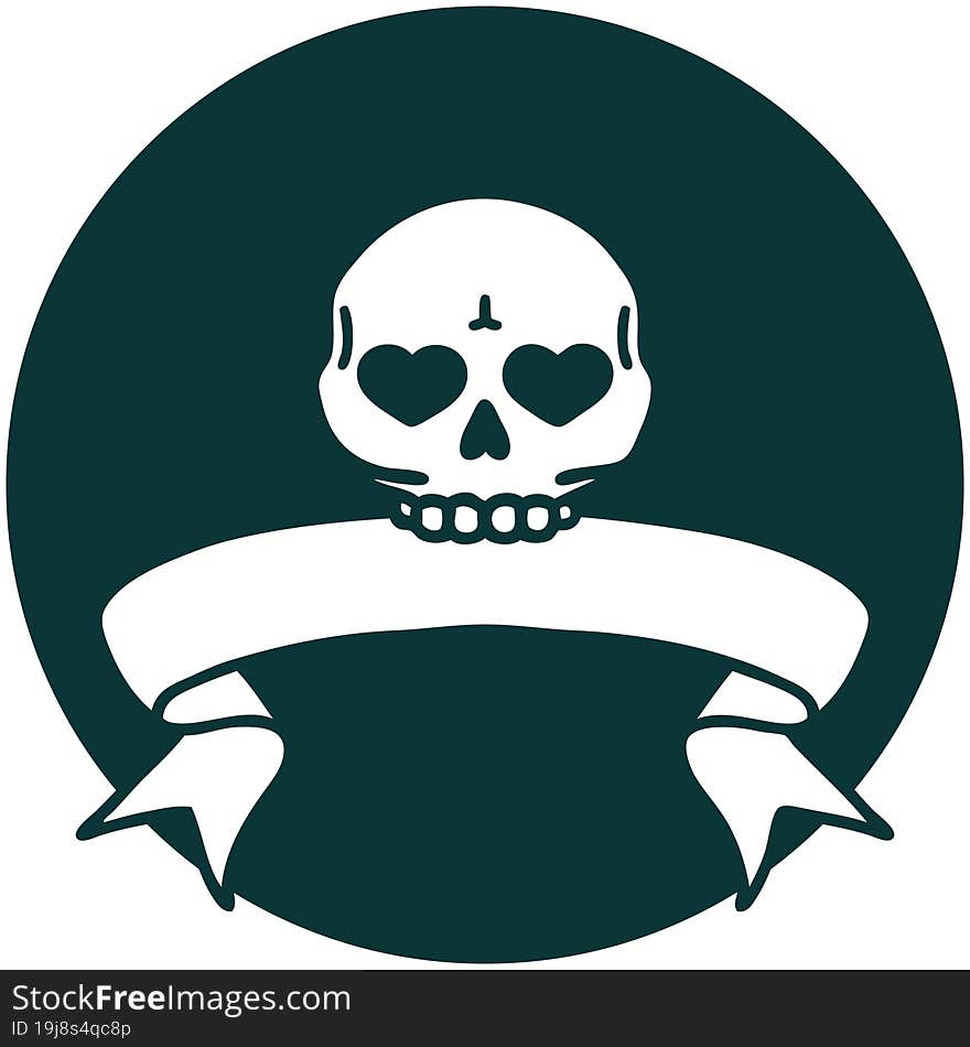 tattoo style icon with banner of a skull