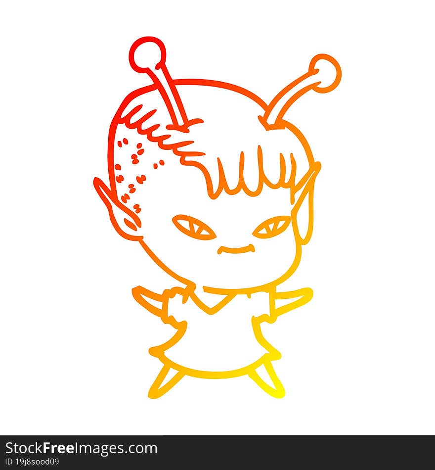 warm gradient line drawing of a cute cartoon alien girl